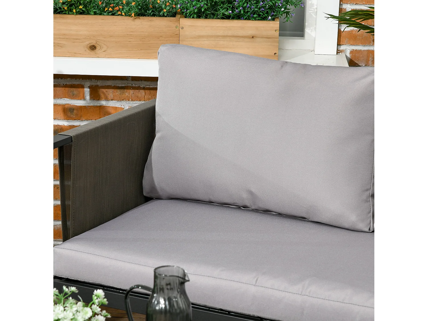 Vafa 4 Seater Metal Garden Sofa Set with Tempered Glass Coffee Table Black Frame and Light Grey Cushions
