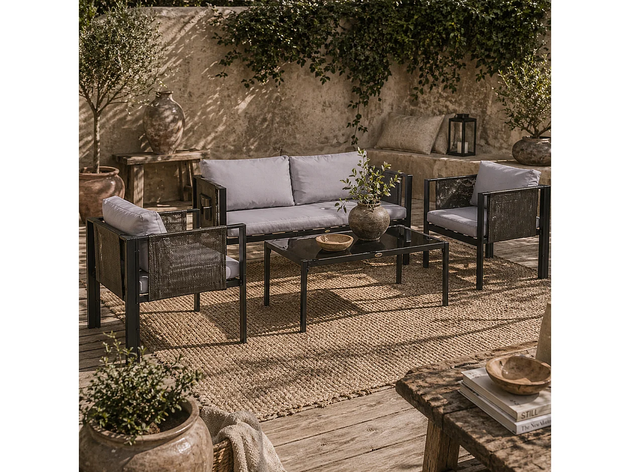 Vafa 4 Seater Metal Garden Sofa Set with Tempered Glass Coffee Table Black Frame and Light Grey Cushions