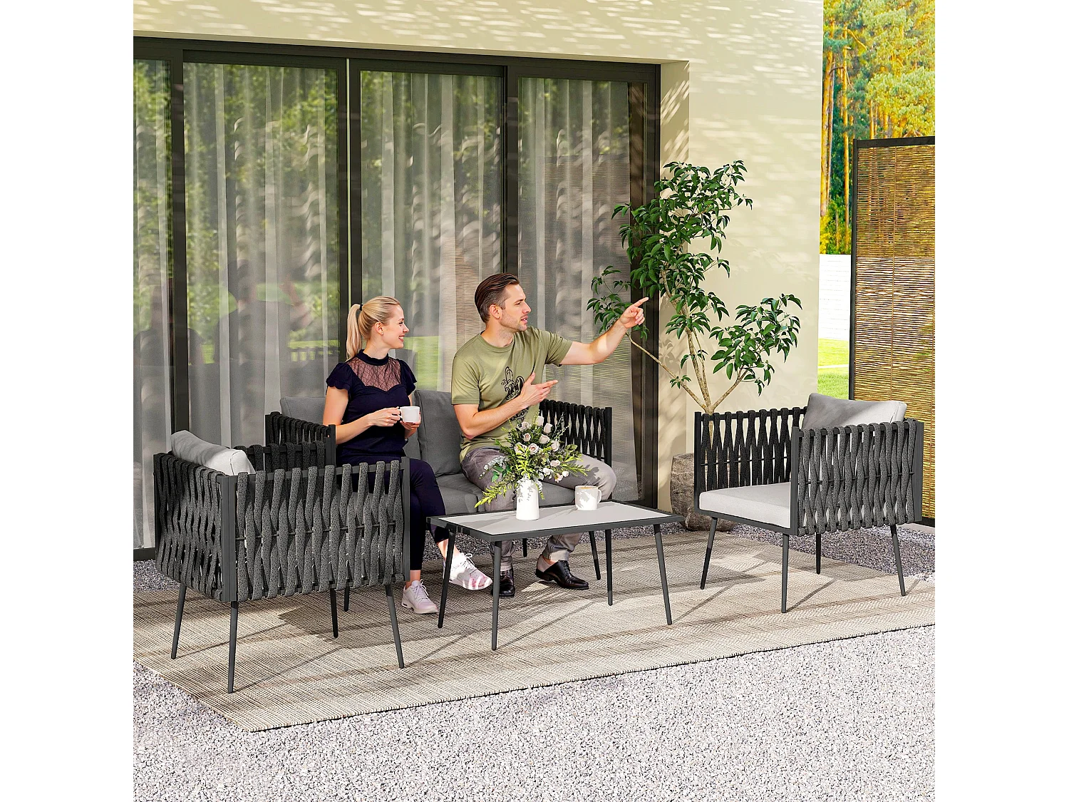 Salitte 4 Seater Grey Rattan Rope Outdoor Furniture Set with Cushions