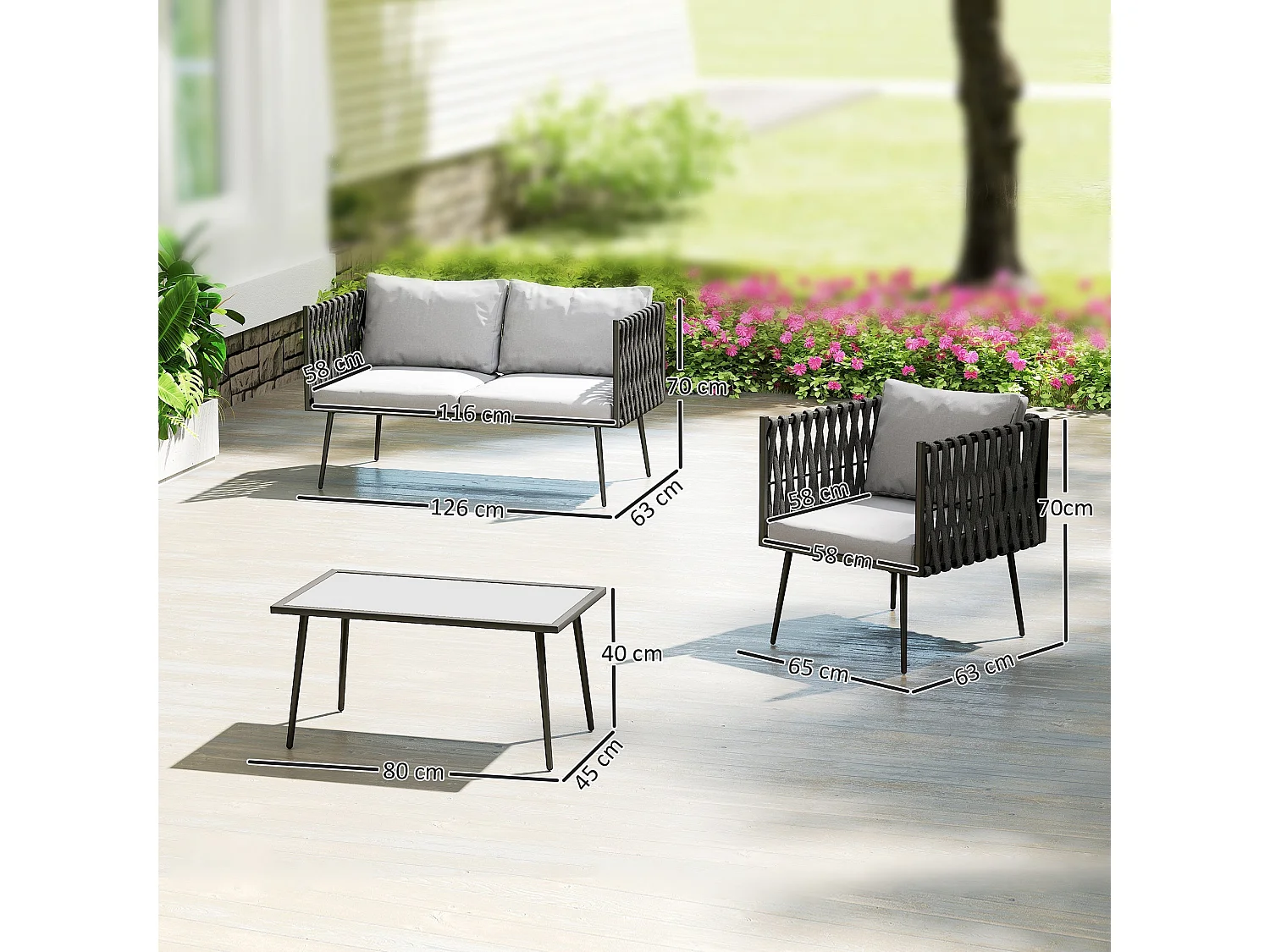 Salitte 4 Seater Grey Rattan Rope Outdoor Furniture Set with Cushions