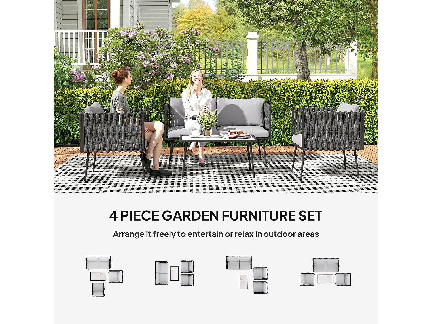 Salitte 4 Seater Grey Rattan Rope Outdoor Furniture Set with Cushions