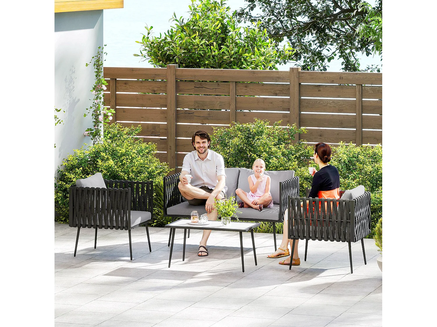 Salitte 4 Seater Grey Rattan Rope Outdoor Furniture Set with Cushions