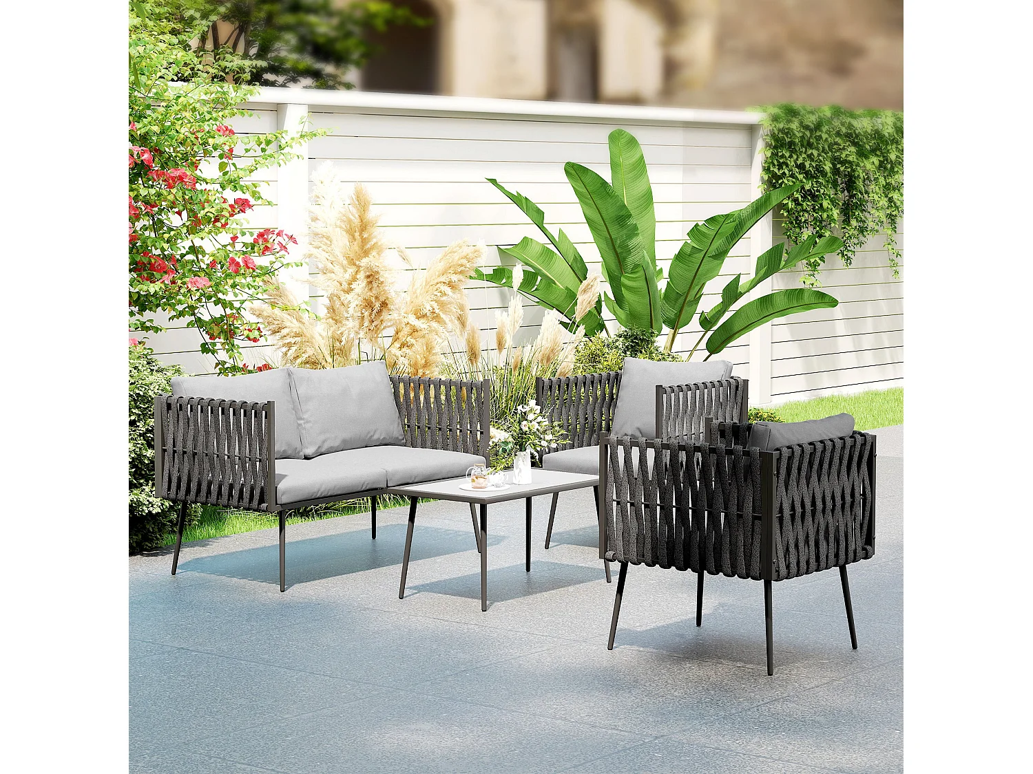 Salitte 4 Seater Grey Rattan Rope Outdoor Furniture Set with Cushions
