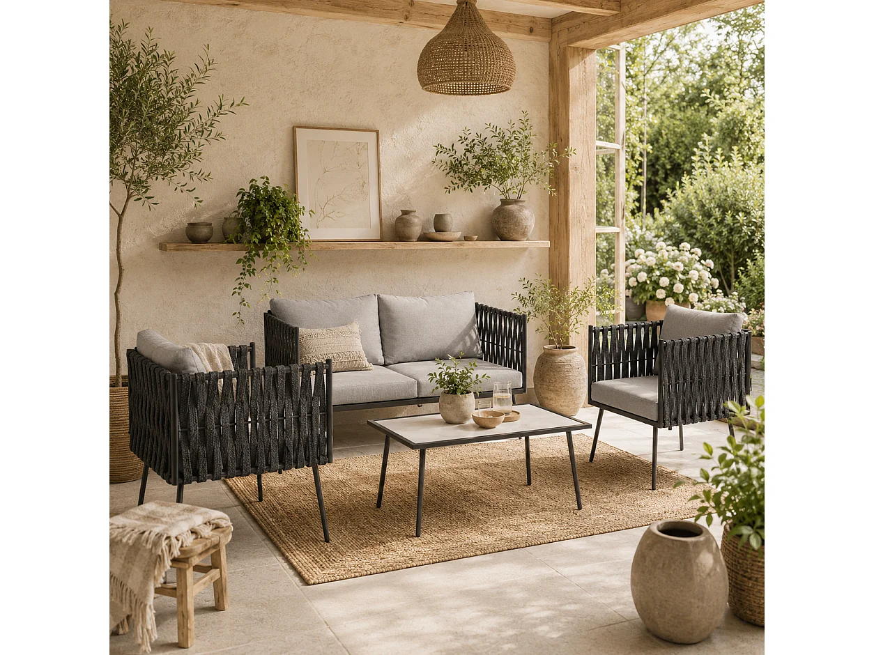 Salitte 4 Seater Grey Rattan Rope Outdoor Furniture Set with Cushions
