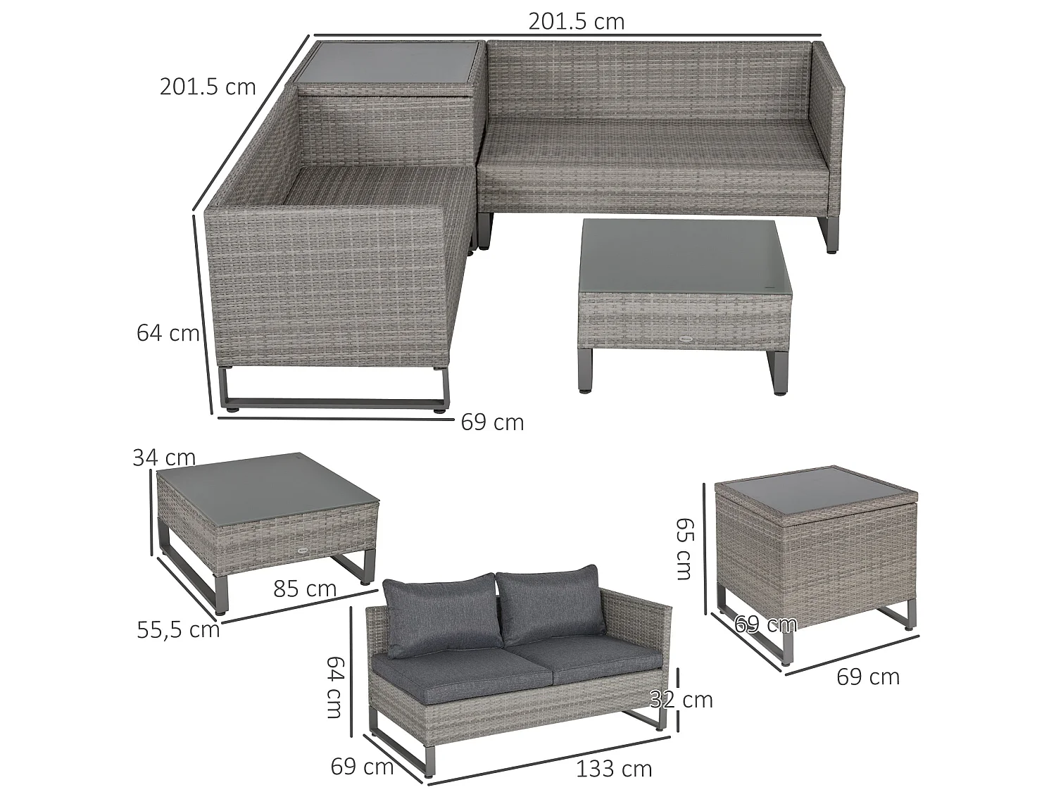 Samilo 4 Seater Grey Rattan Garden Sofa Set with Storage and Glass Coffee Table