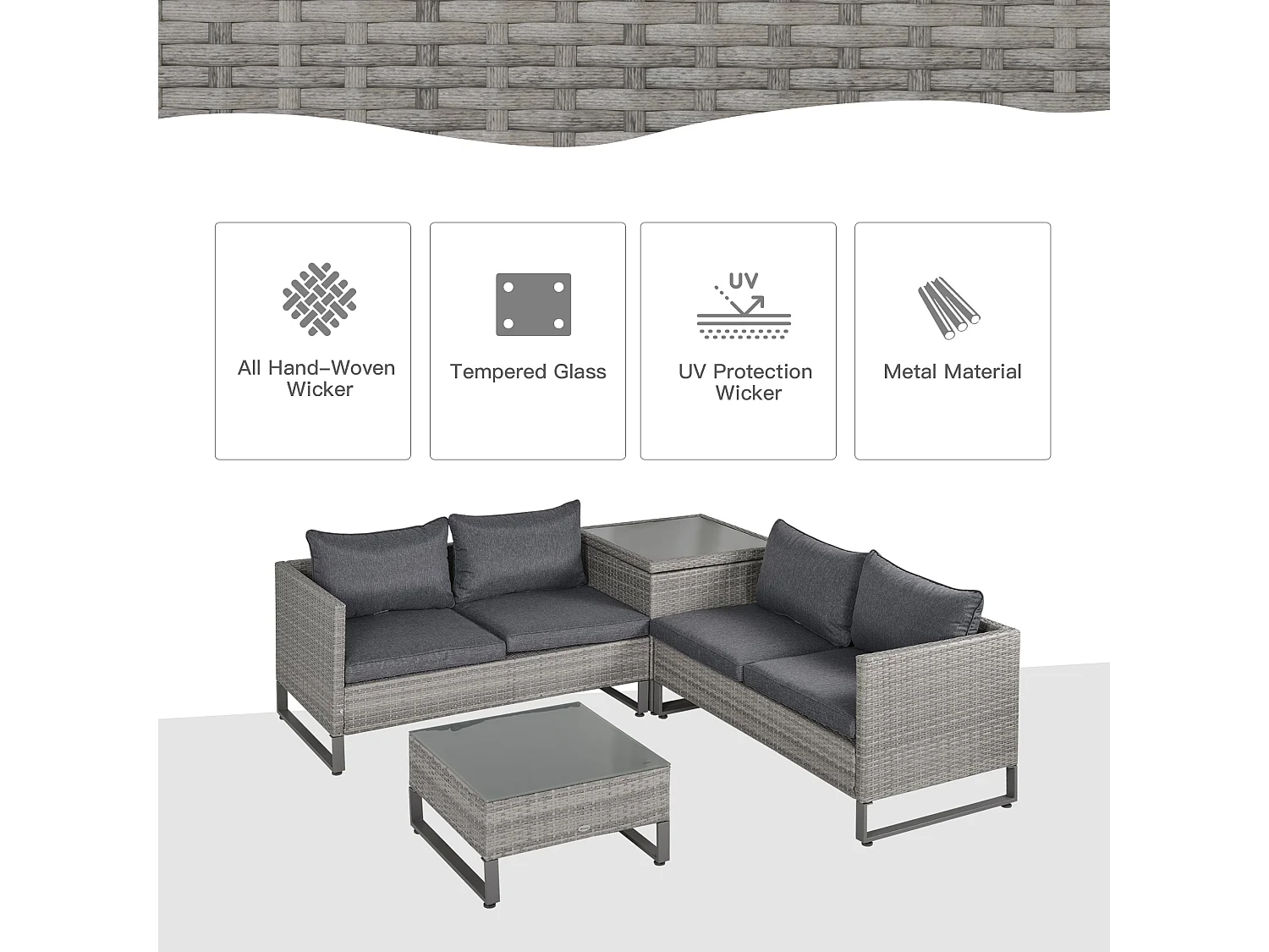 Samilo 4 Seater Grey Rattan Garden Sofa Set with Storage and Glass Coffee Table