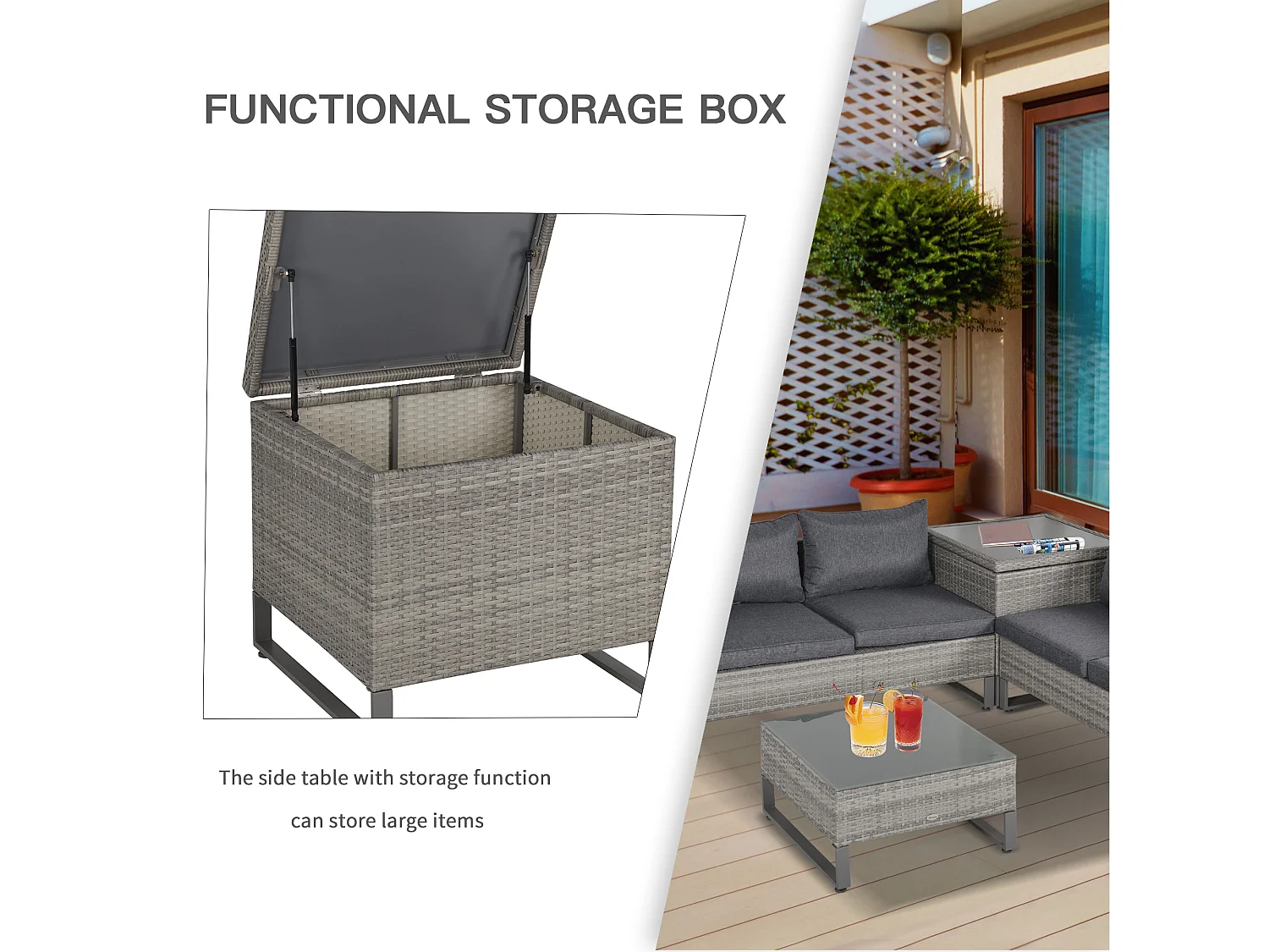 Samilo 4 Seater Grey Rattan Garden Sofa Set with Storage and Glass Coffee Table