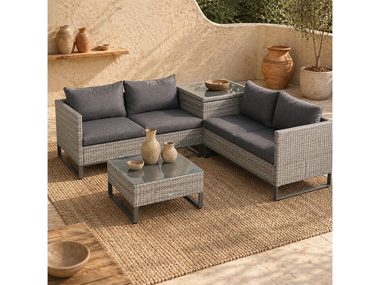 Samilo 4 Seater Grey Rattan Garden Sofa Set with Storage and Glass Coffee Table