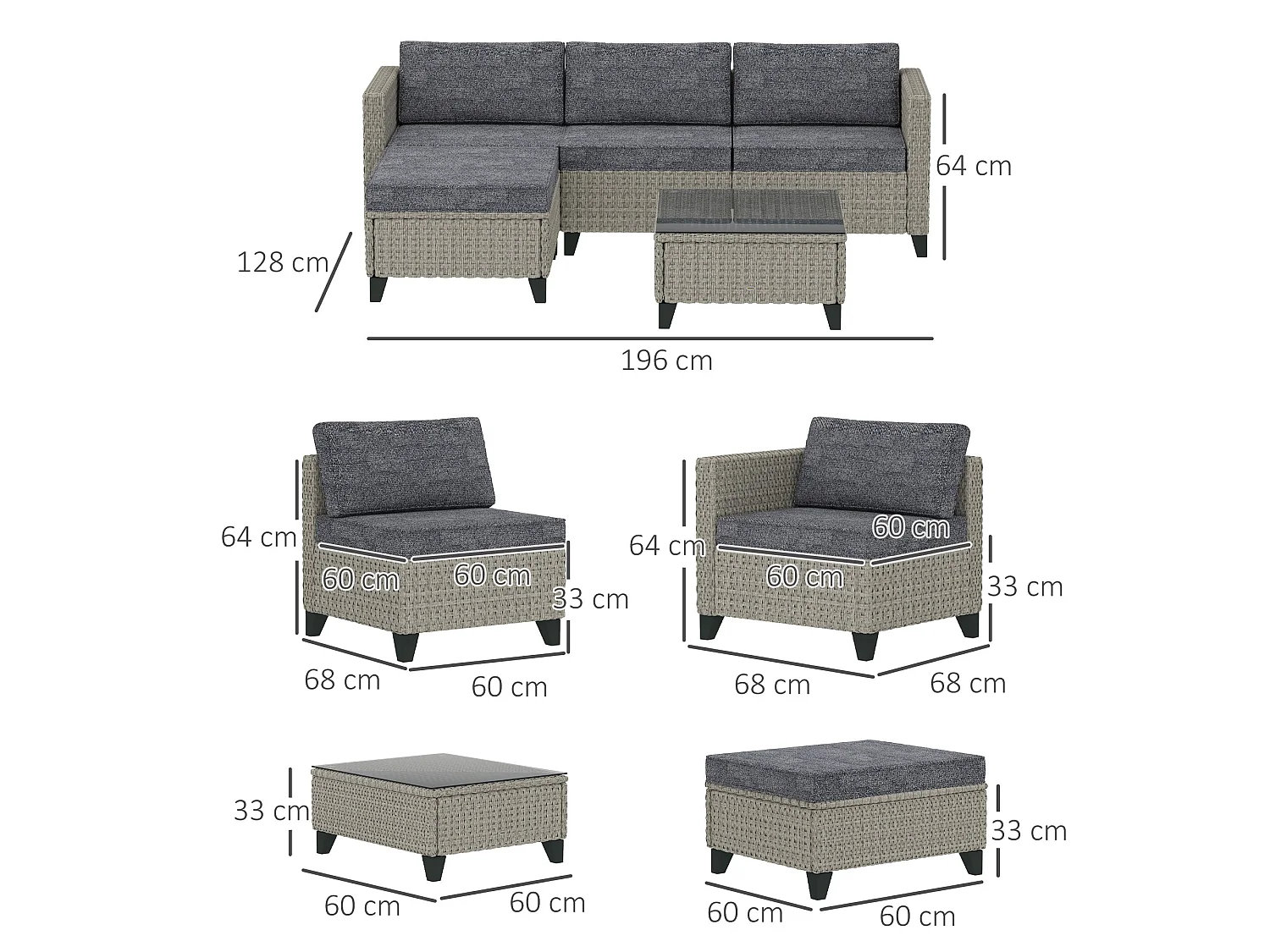 Vema Dark Grey Rattan L Shaped Outdoor Corner Sofa Set with Footstool and Coffee Table