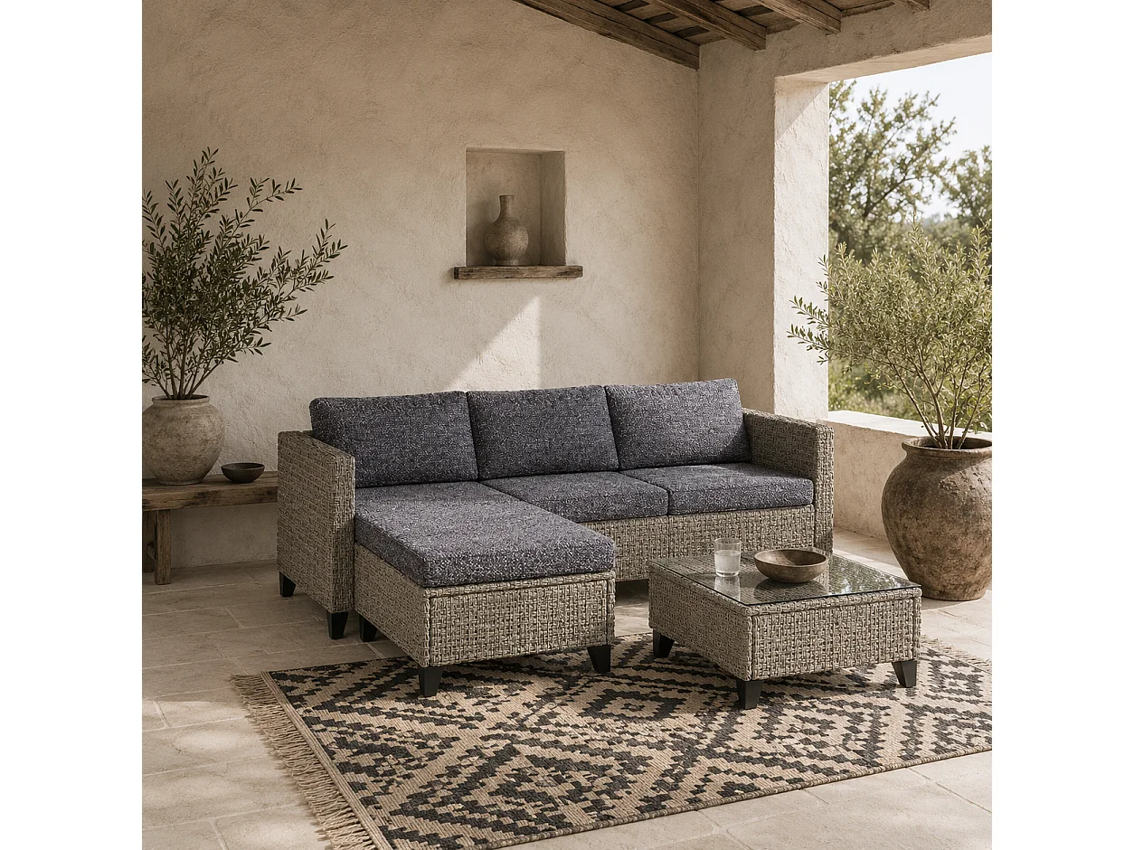 Vema Dark Grey Rattan L Shaped Outdoor Corner Sofa Set with Footstool and Coffee Table