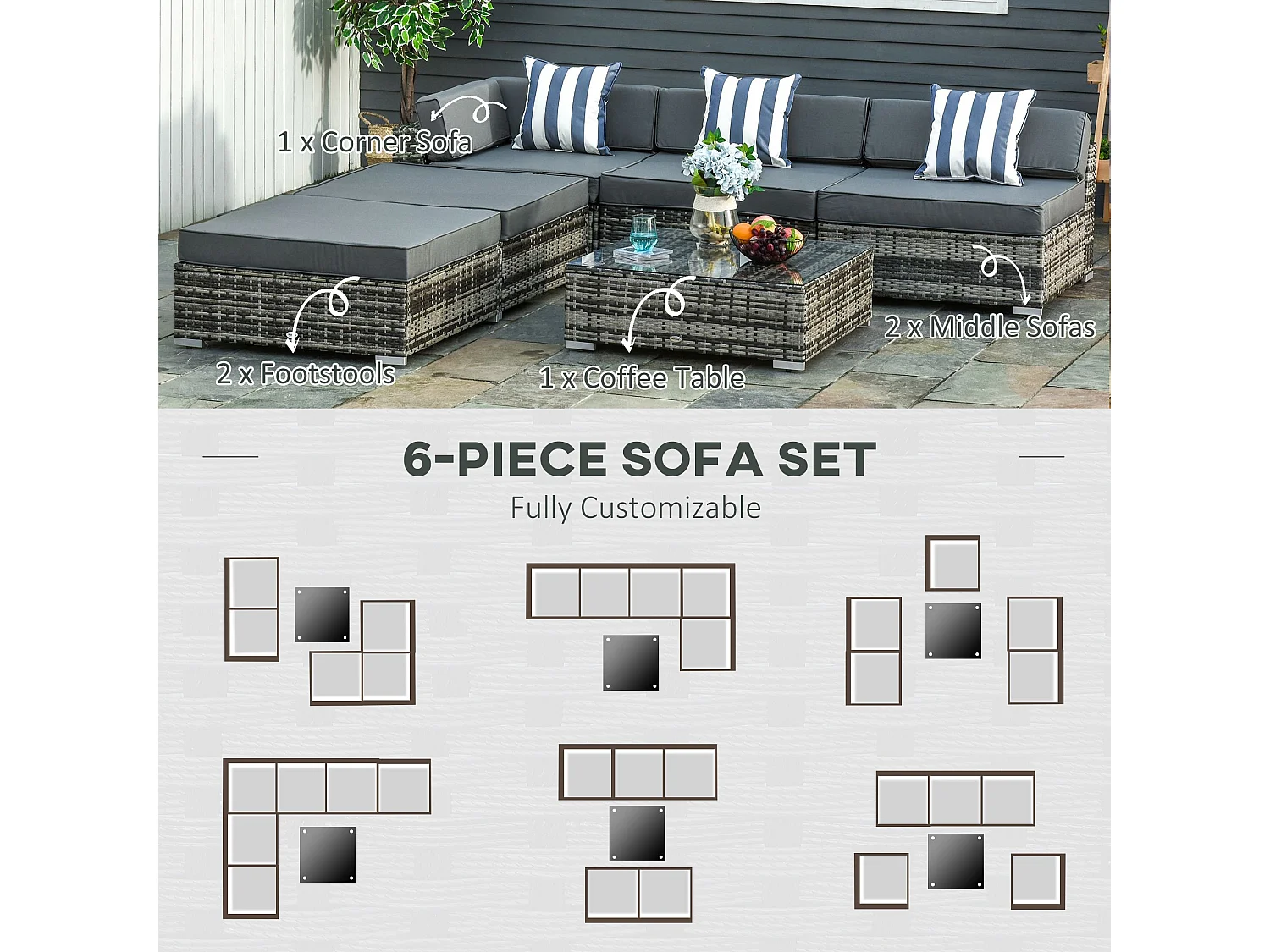 Nona Grey 6 Piece Modular Rattan Outdoor Sofa Set with Cushions