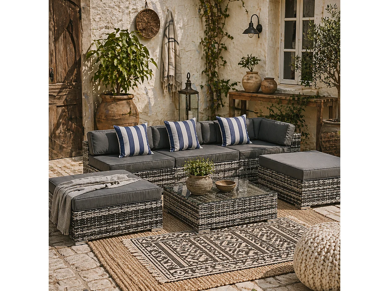 Nona Grey 6 Piece Modular Rattan Outdoor Sofa Set with Cushions