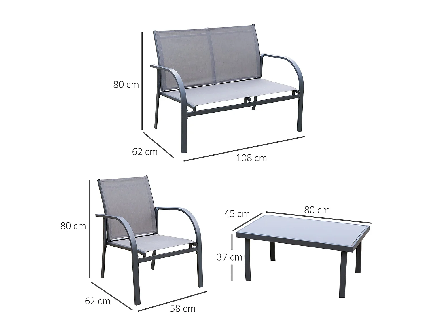 Babane 4 Seater Minimal Garden Patio Set Charcoal Grey Mesh Aluminium Frame
