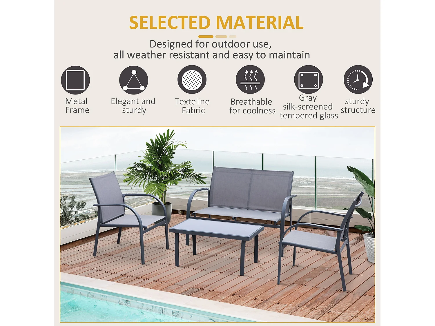 Babane 4 Seater Minimal Garden Patio Set Charcoal Grey Mesh Aluminium Frame