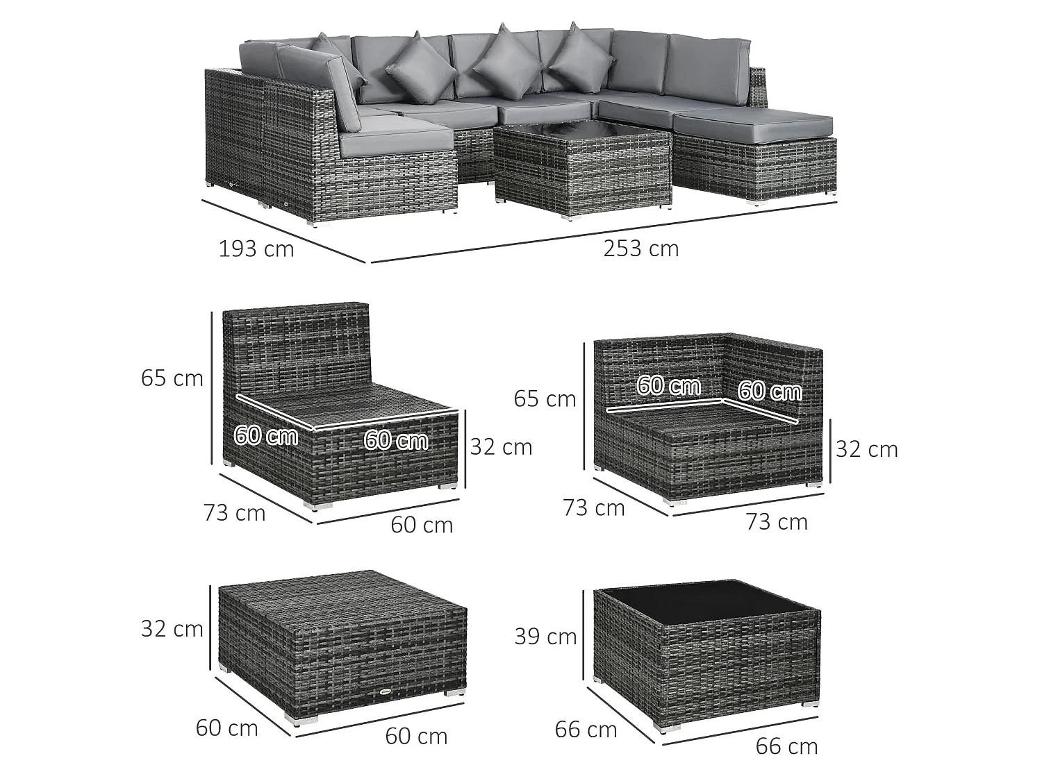 Rero Grey 5 Seater Modular Rattan Corner Sofa Set with Glass Table