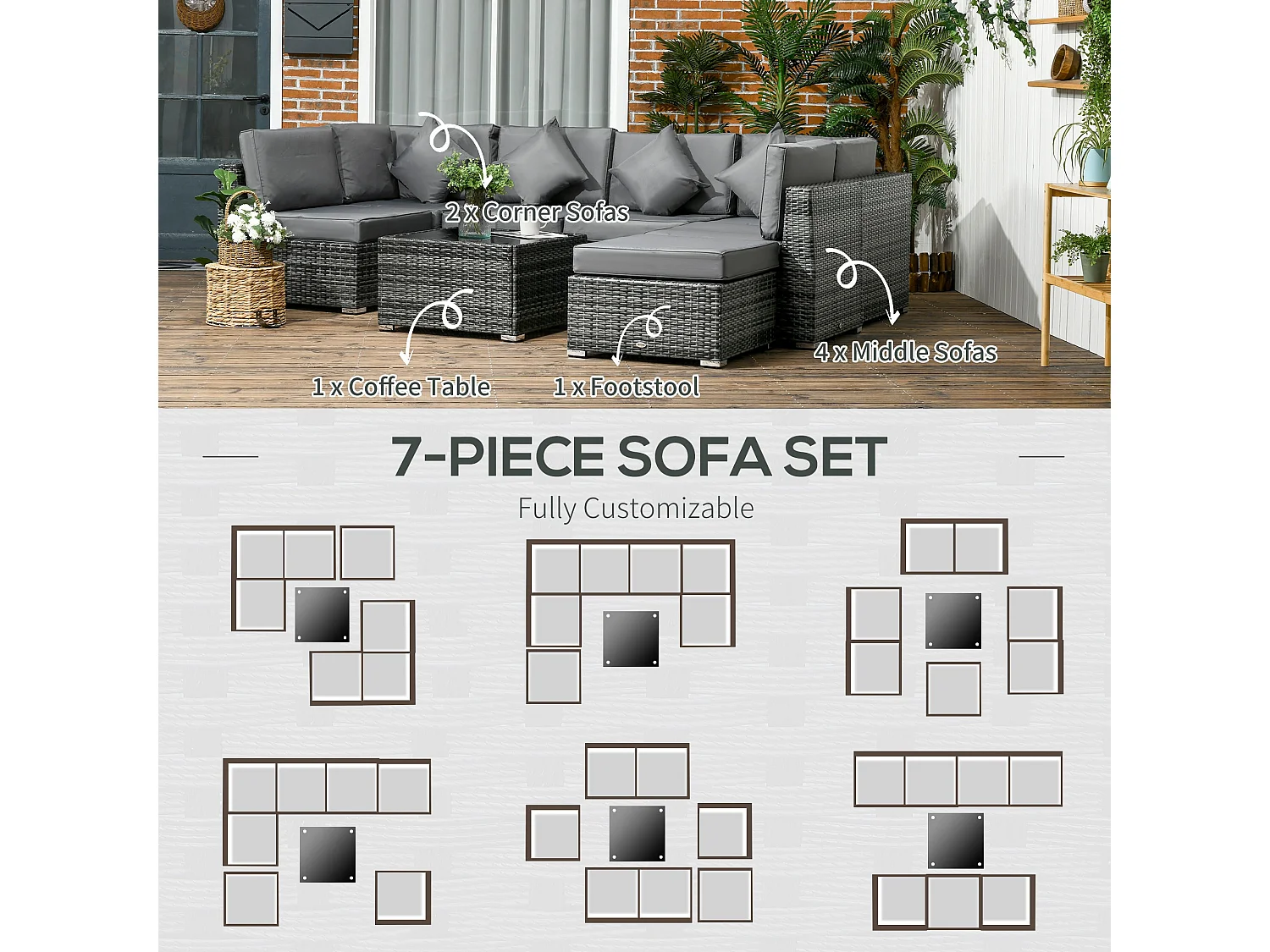 Rero Grey 5 Seater Modular Rattan Corner Sofa Set with Glass Table