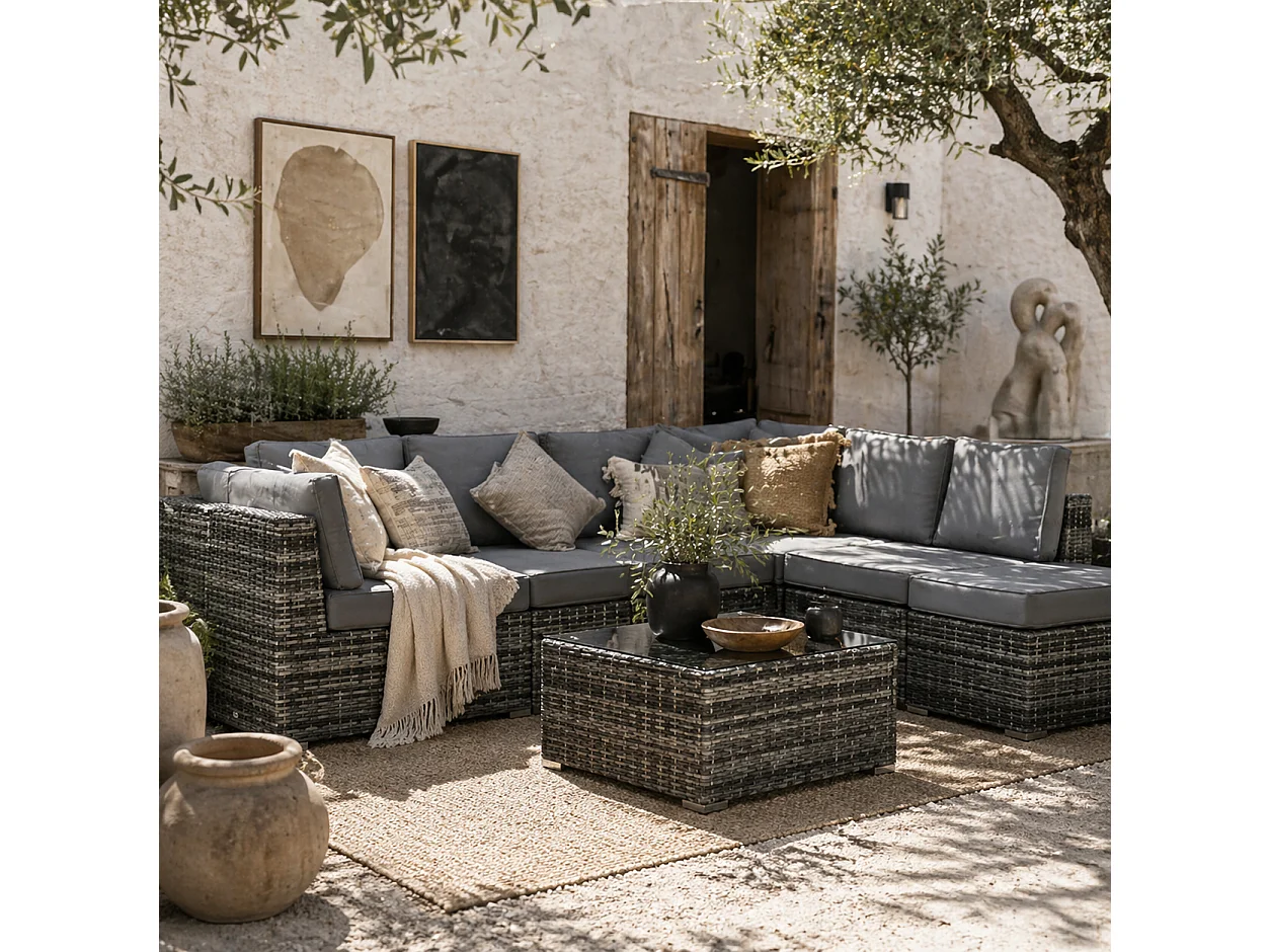 Rero Grey 5 Seater Modular Rattan Corner Sofa Set with Glass Table