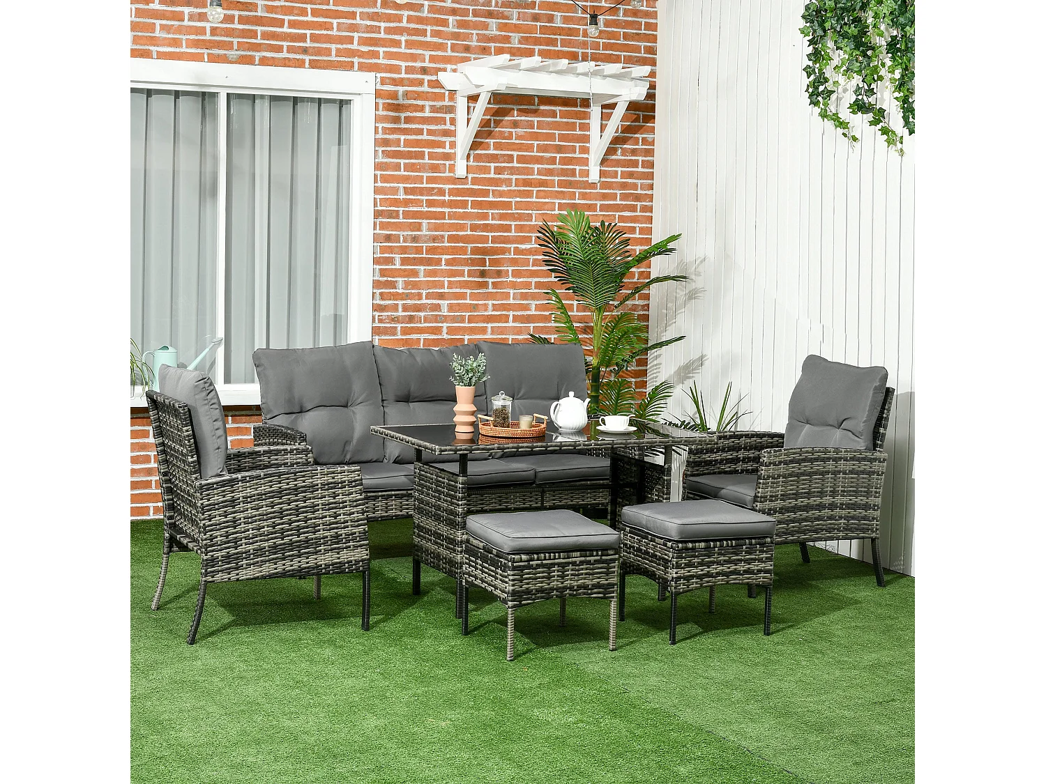 Lolu 7 Seater Mixed Grey Rattan Garden Sofa Set with Cushions and Glass Top Table