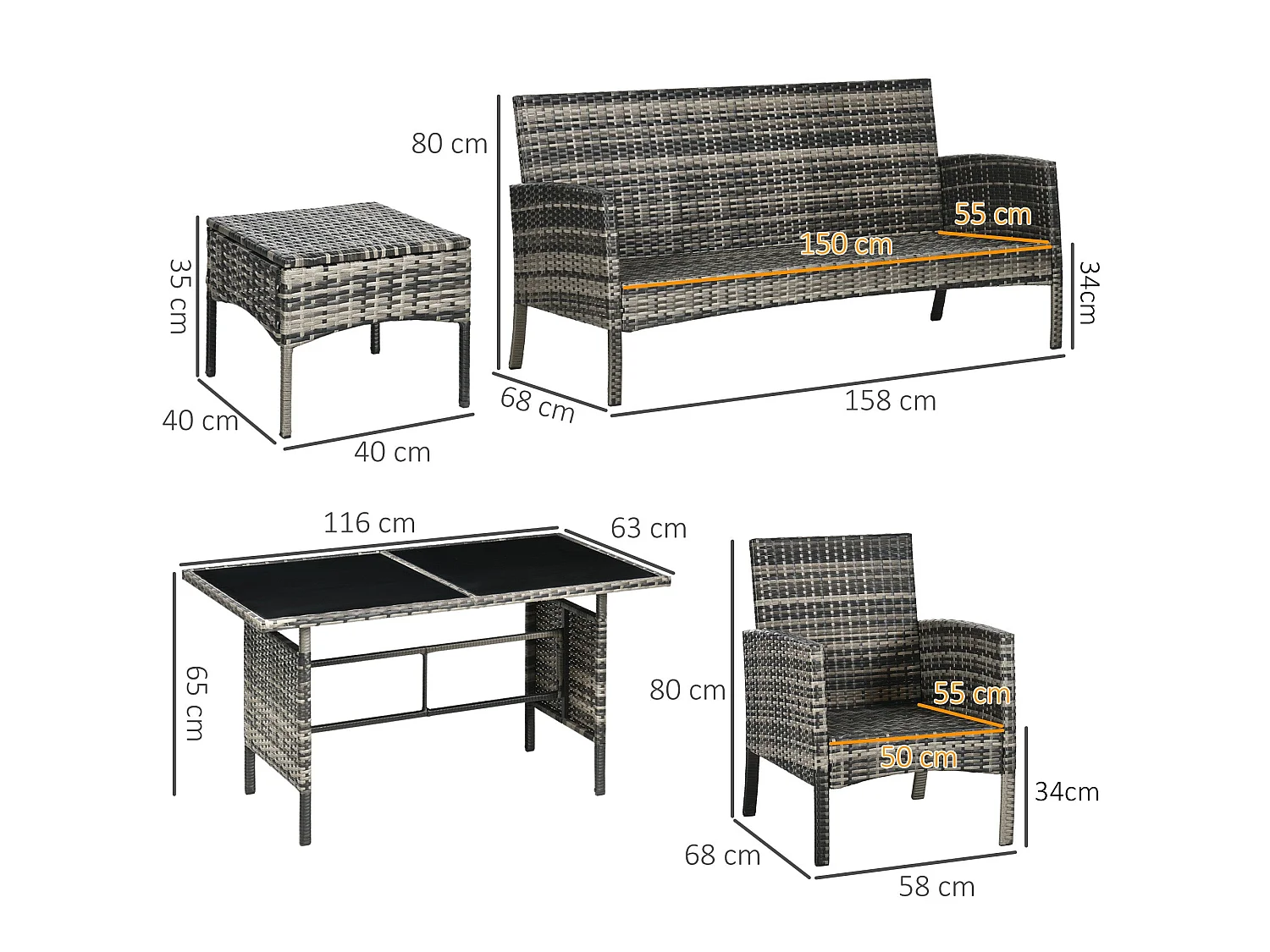 Lolu 7 Seater Mixed Grey Rattan Garden Sofa Set with Cushions and Glass Top Table