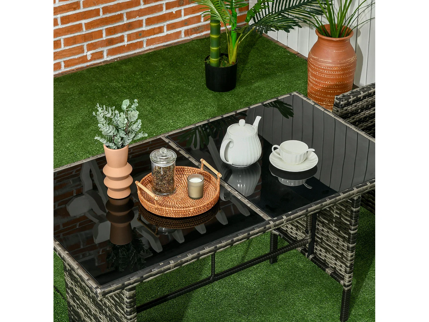 Lolu 7 Seater Mixed Grey Rattan Garden Sofa Set with Cushions and Glass Top Table
