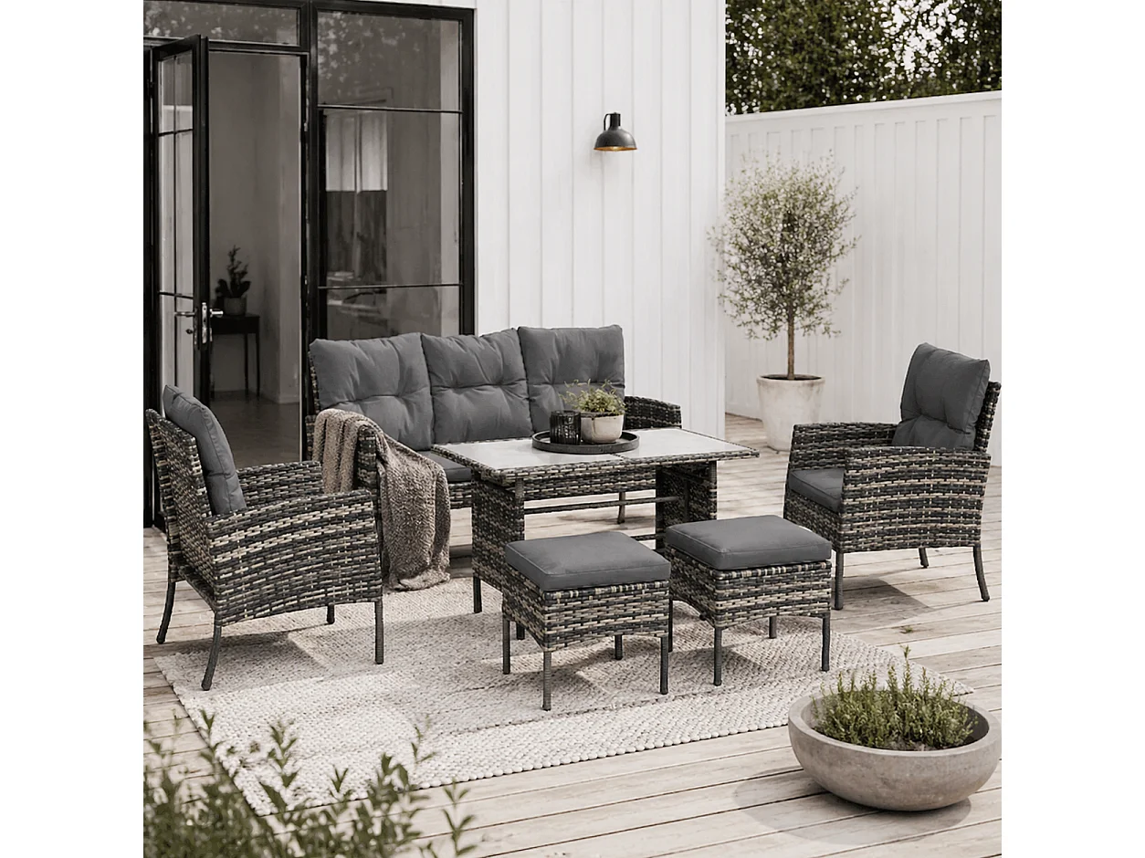 Lolu 7 Seater Mixed Grey Rattan Garden Sofa Set with Cushions and Glass Top Table