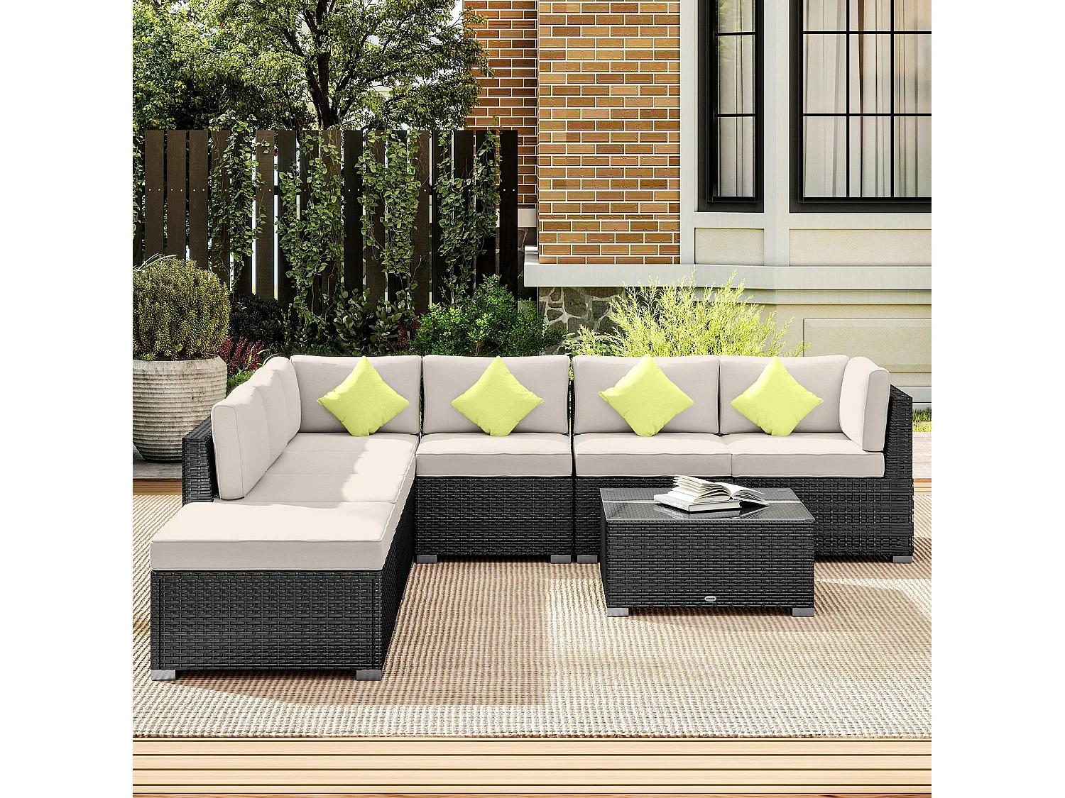 Yomo 6 Seater Black Faux Rattan Modular Corner Sofa Set with Glass Coffee Table