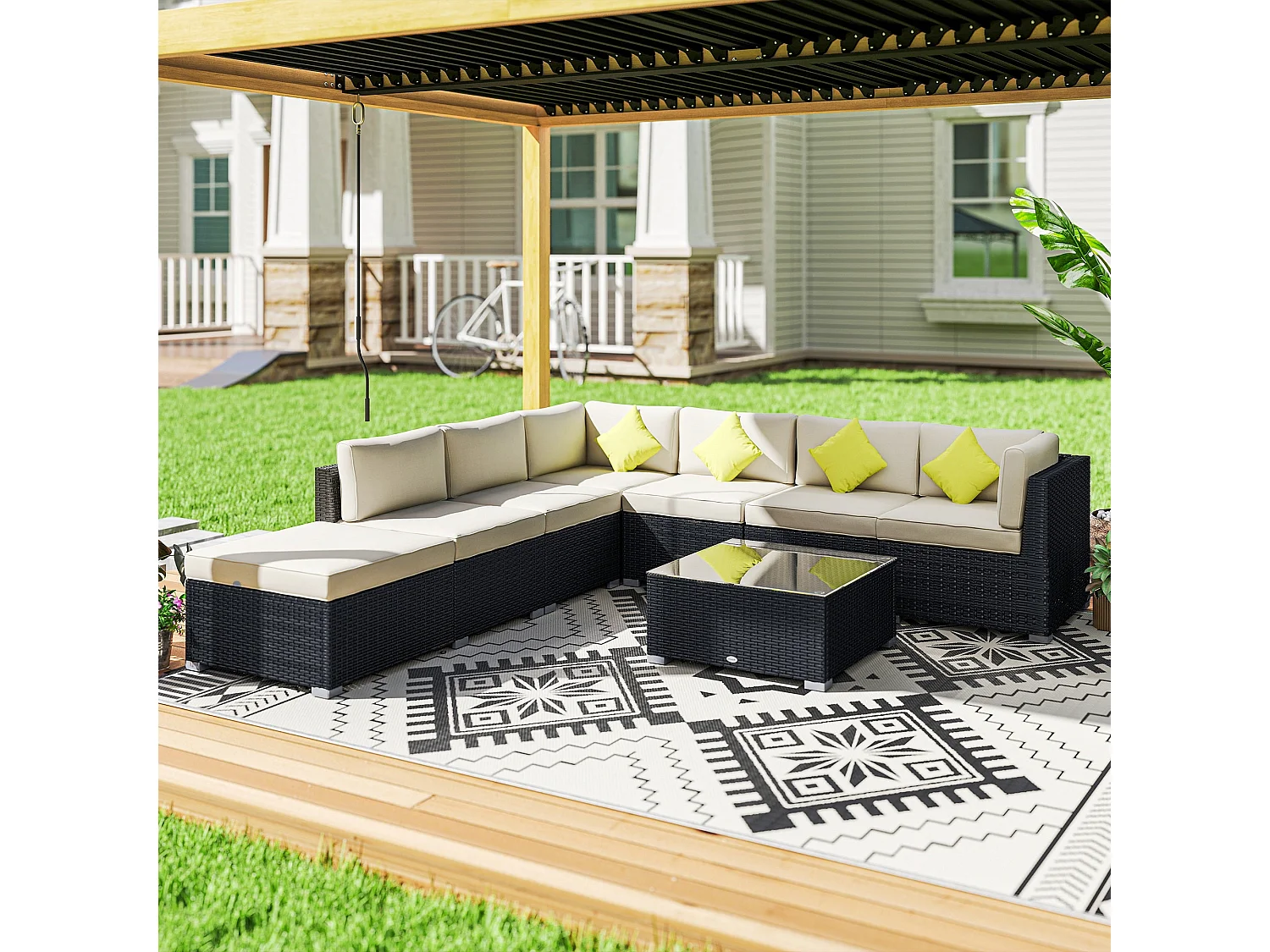 Yomo 6 Seater Black Faux Rattan Modular Corner Sofa Set with Glass Coffee Table