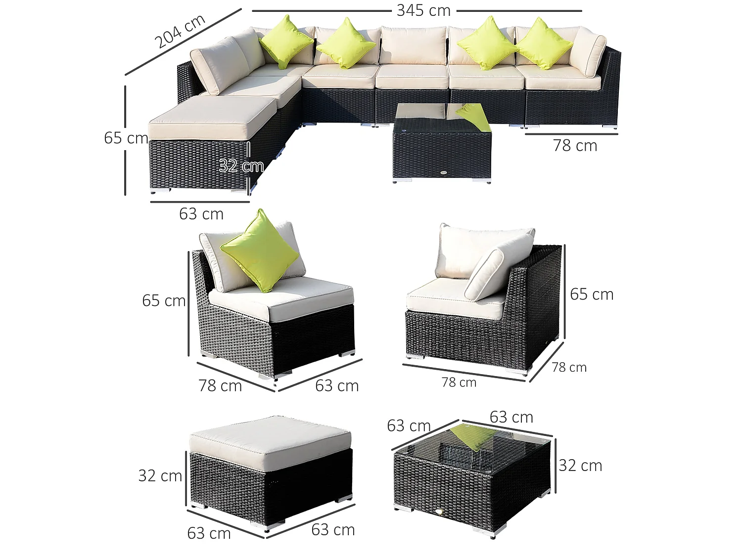 Yomo 6 Seater Black Faux Rattan Modular Corner Sofa Set with Glass Coffee Table