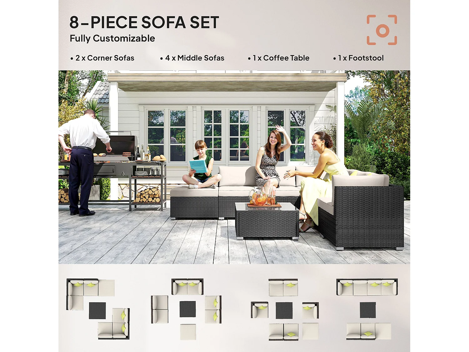 Yomo 6 Seater Black Faux Rattan Modular Corner Sofa Set with Glass Coffee Table
