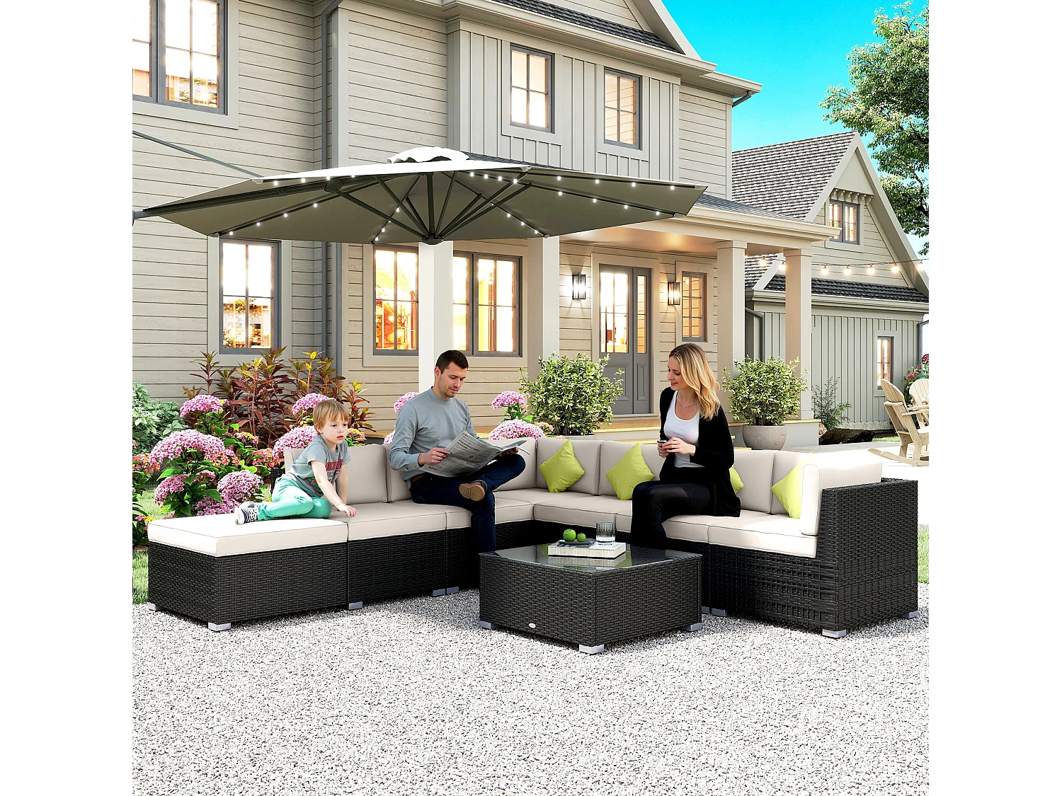 Yomo 6 Seater Black Faux Rattan Modular Corner Sofa Set with Glass Coffee Table