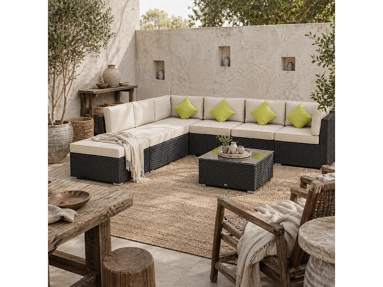 Yomo 6 Seater Black Faux Rattan Modular Corner Sofa Set with Glass Coffee Table