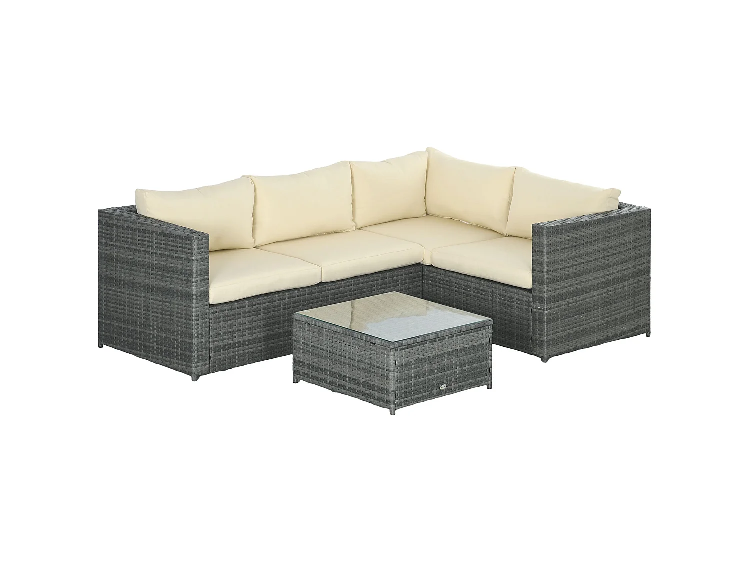 Sapana 4 Seater Grey and Beige Rattan Corner Sofa Set with Glass Top Table