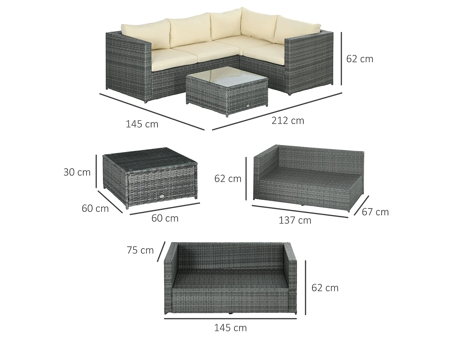 Sapana 4 Seater Grey and Beige Rattan Corner Sofa Set with Glass Top Table