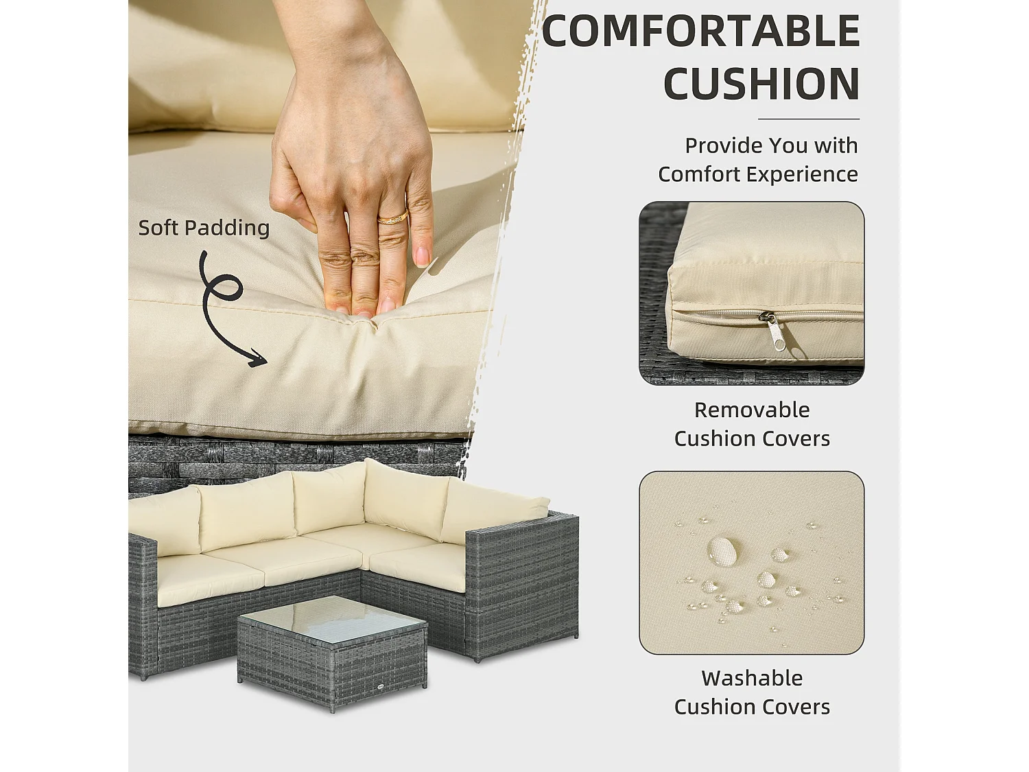 Sapana 4 Seater Grey and Beige Rattan Corner Sofa Set with Glass Top Table