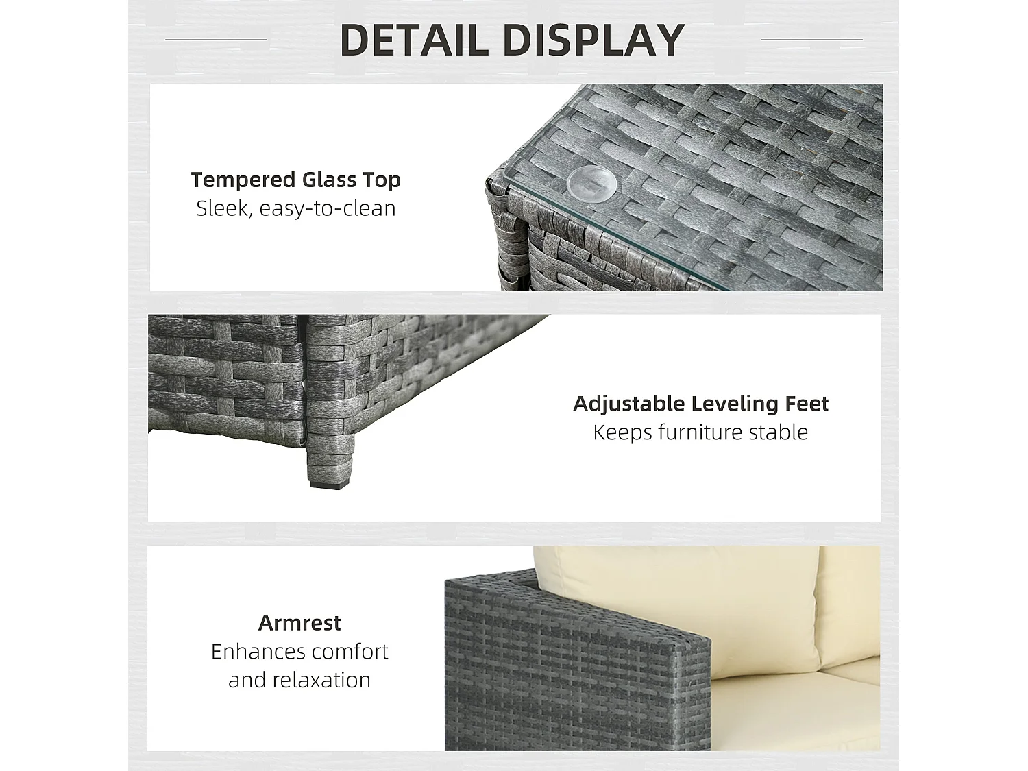 Sapana 4 Seater Grey and Beige Rattan Corner Sofa Set with Glass Top Table