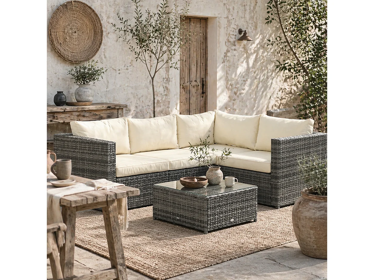 Sapana 4 Seater Grey and Beige Rattan Corner Sofa Set with Glass Top Table