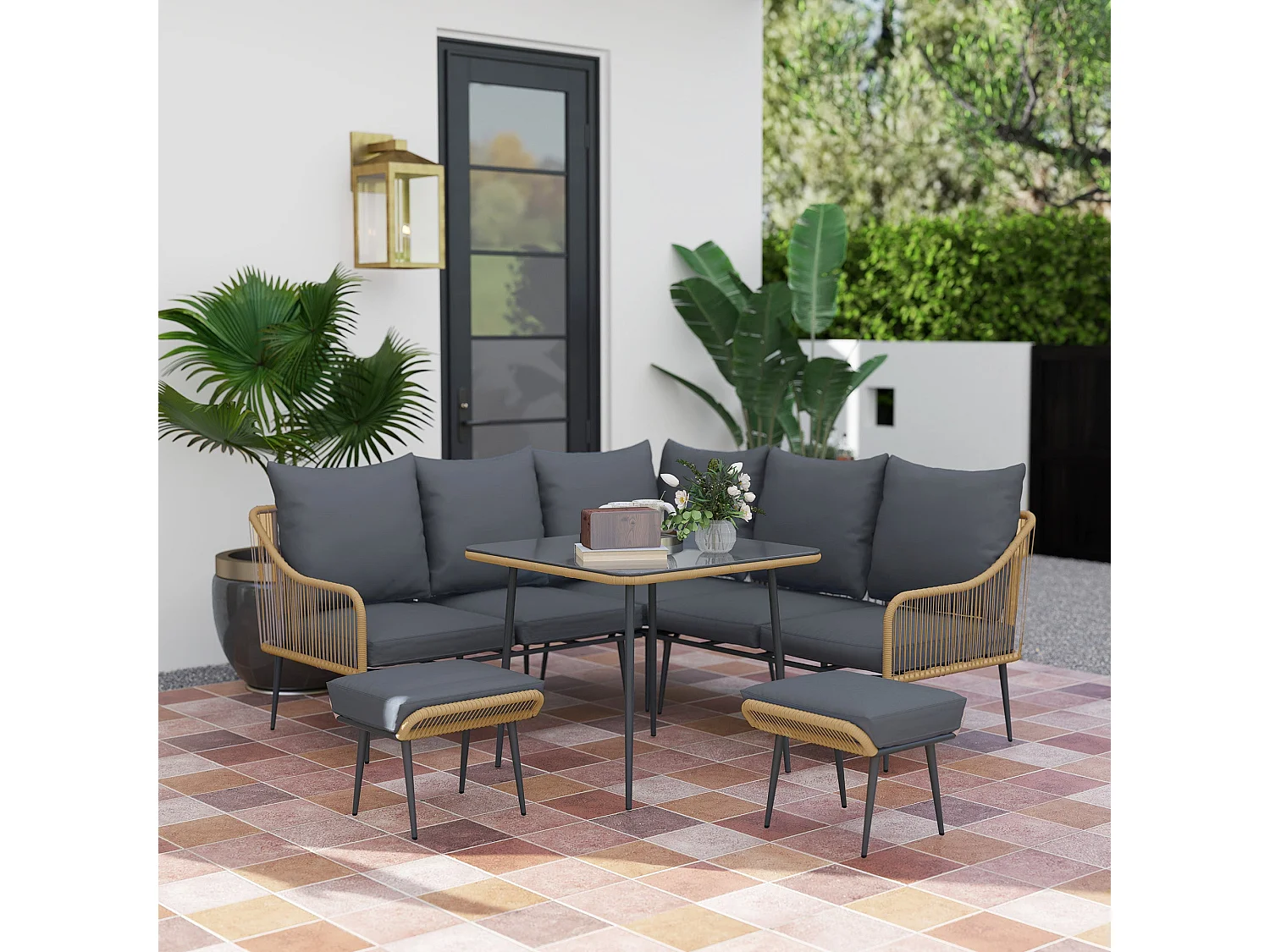 Nofise 7 Seater Rattan Style Garden Sofa Set with Coffee Table and 2 Stools