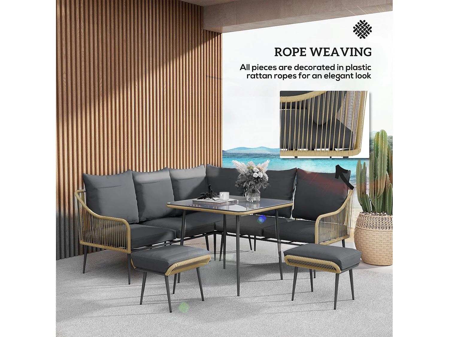 Nofise 7 Seater Rattan Style Garden Sofa Set with Coffee Table and 2 Stools