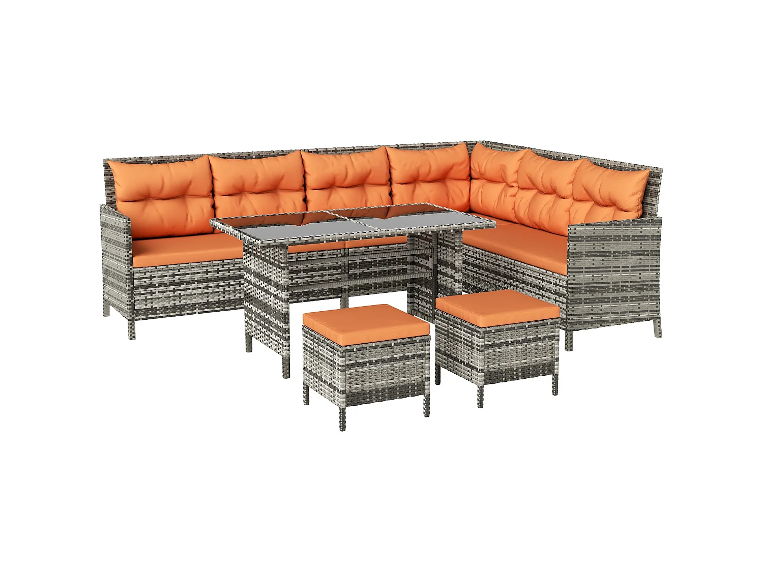 Tasu 7 Seater Outdoor Corner Sofa Set Orange Grey Rattan with Cream Cushions and Glass Table