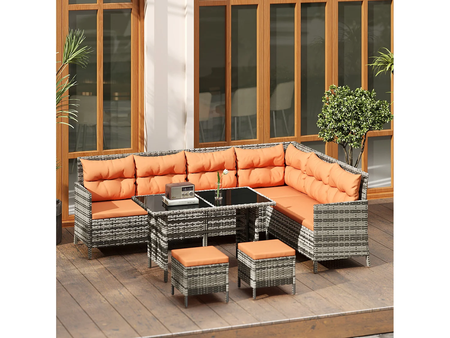 Tasu 7 Seater Outdoor Corner Sofa Set Orange Grey Rattan with Cream Cushions and Glass Table