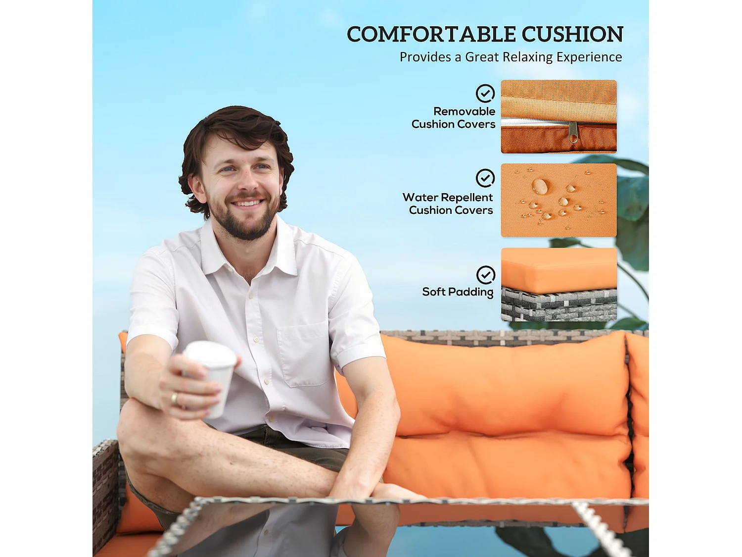 Tasu 7 Seater Outdoor Corner Sofa Set Orange Grey Rattan with Cream Cushions and Glass Table