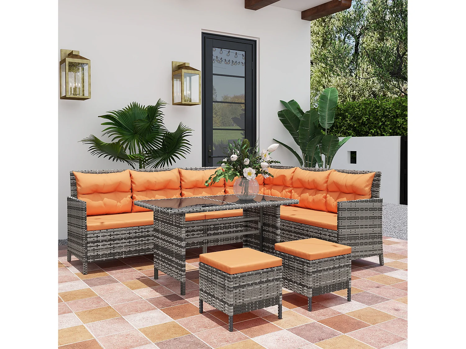 Tasu 7 Seater Outdoor Corner Sofa Set Orange Grey Rattan with Cream Cushions and Glass Table