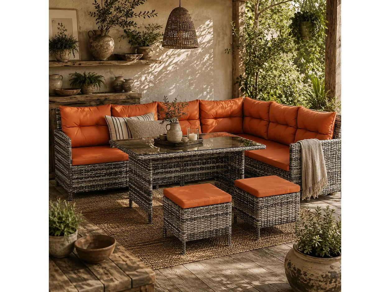 Tasu 7 Seater Outdoor Corner Sofa Set Orange Grey Rattan with Cream Cushions and Glass Table