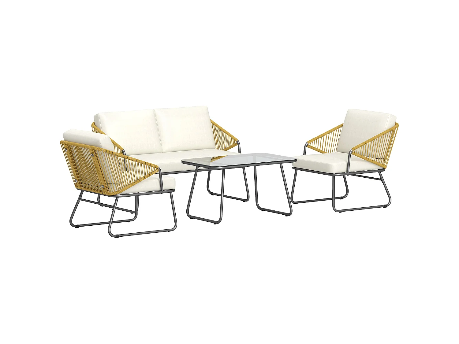 Lupano 4 Seater Natural Rattan Outdoor Sofa Set with Square Glass Top Table Cream Cushions