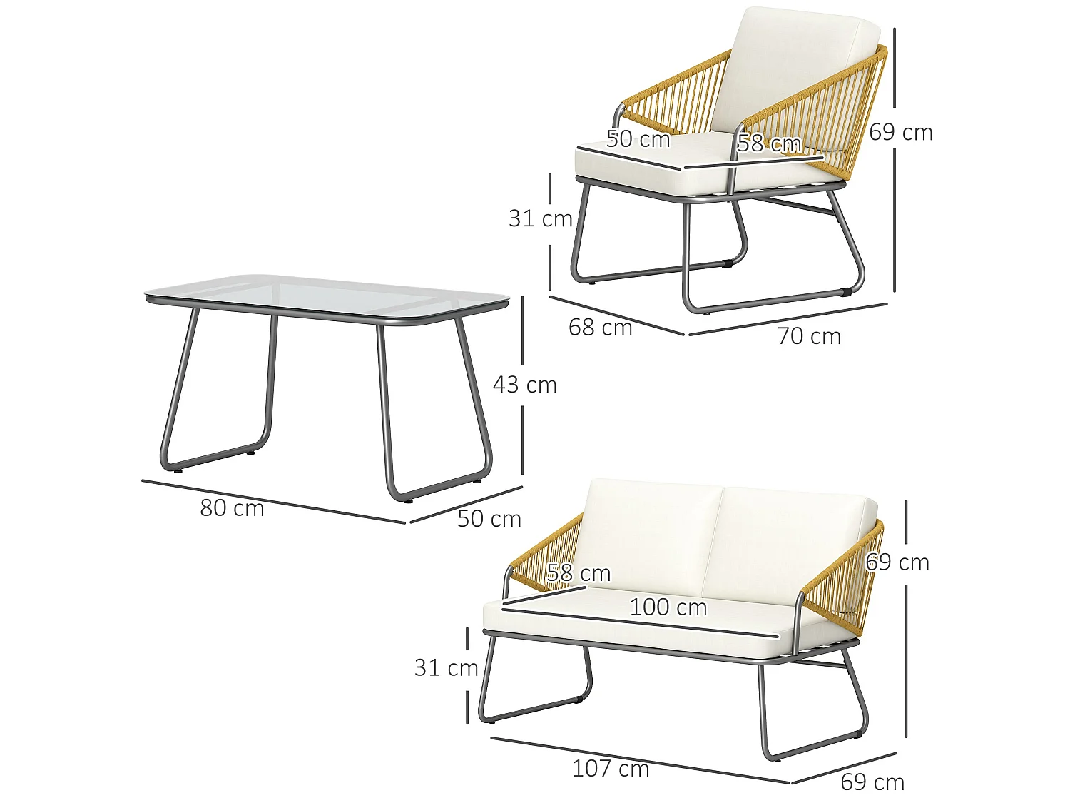 Lupano 4 Seater Natural Rattan Outdoor Sofa Set with Square Glass Top Table Cream Cushions