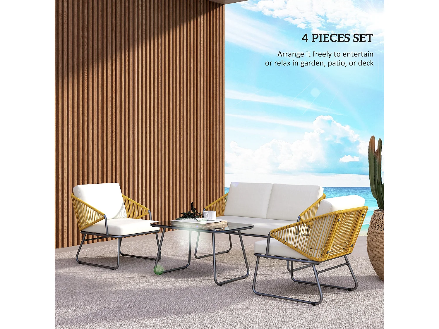 Lupano 4 Seater Natural Rattan Outdoor Sofa Set with Square Glass Top Table Cream Cushions