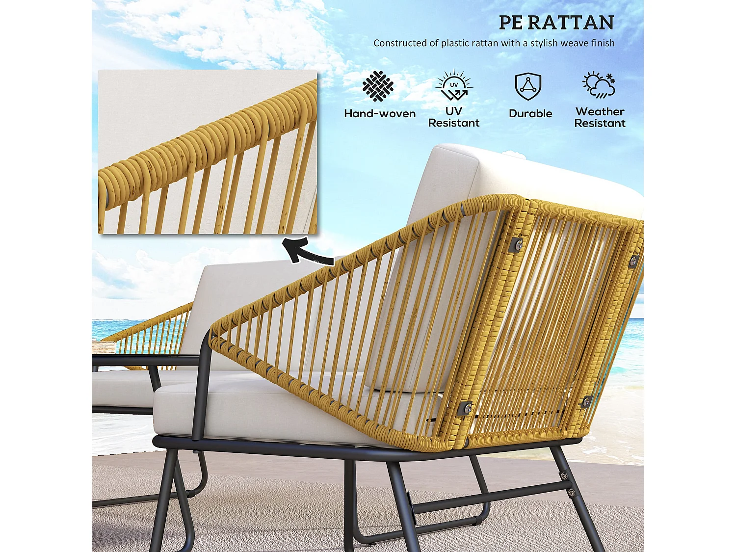 Lupano 4 Seater Natural Rattan Outdoor Sofa Set with Square Glass Top Table Cream Cushions