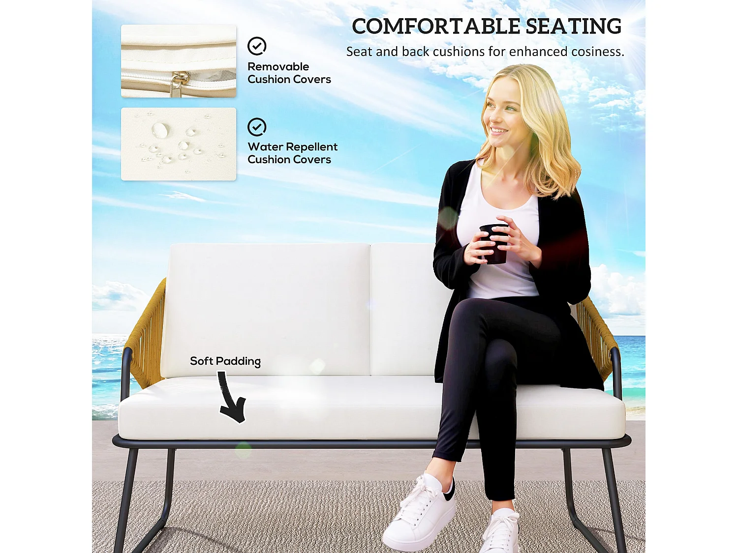 Lupano 4 Seater Natural Rattan Outdoor Sofa Set with Square Glass Top Table Cream Cushions