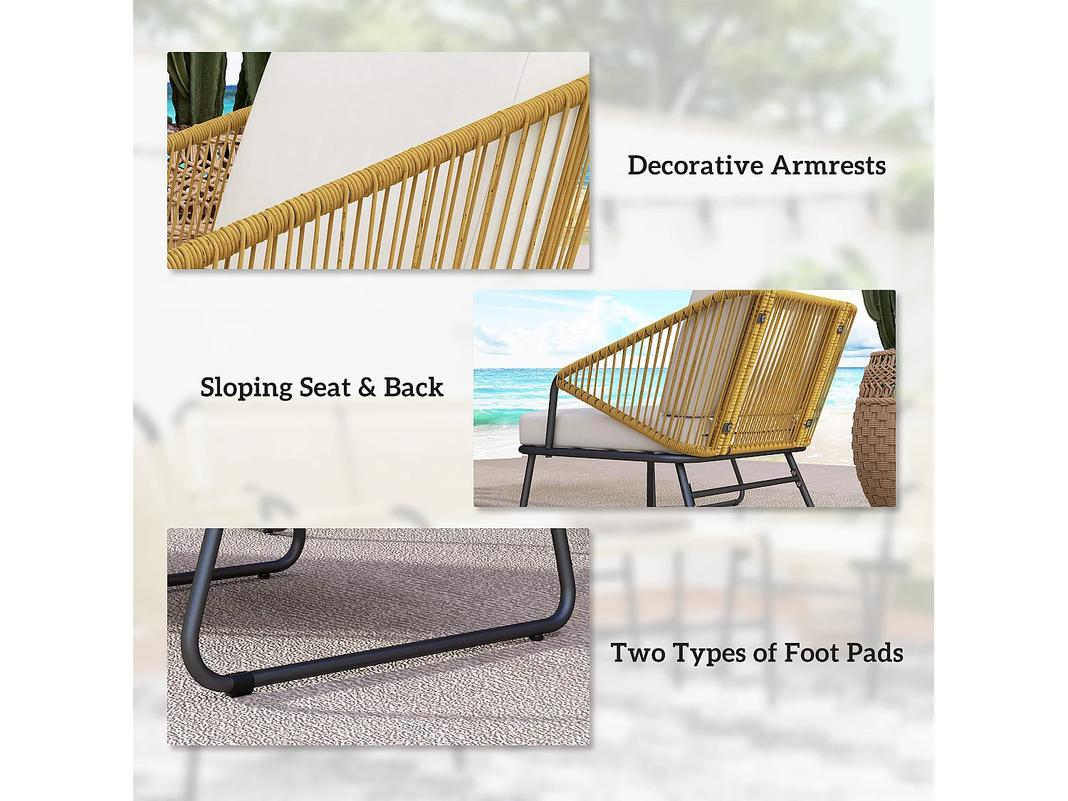 Lupano 4 Seater Natural Rattan Outdoor Sofa Set with Square Glass Top Table Cream Cushions