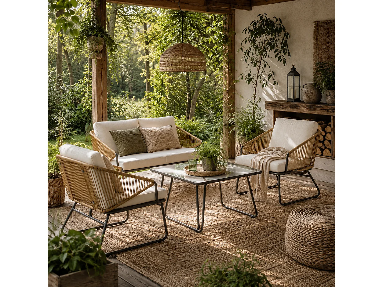Lupano 4 Seater Natural Rattan Outdoor Sofa Set with Square Glass Top Table Cream Cushions